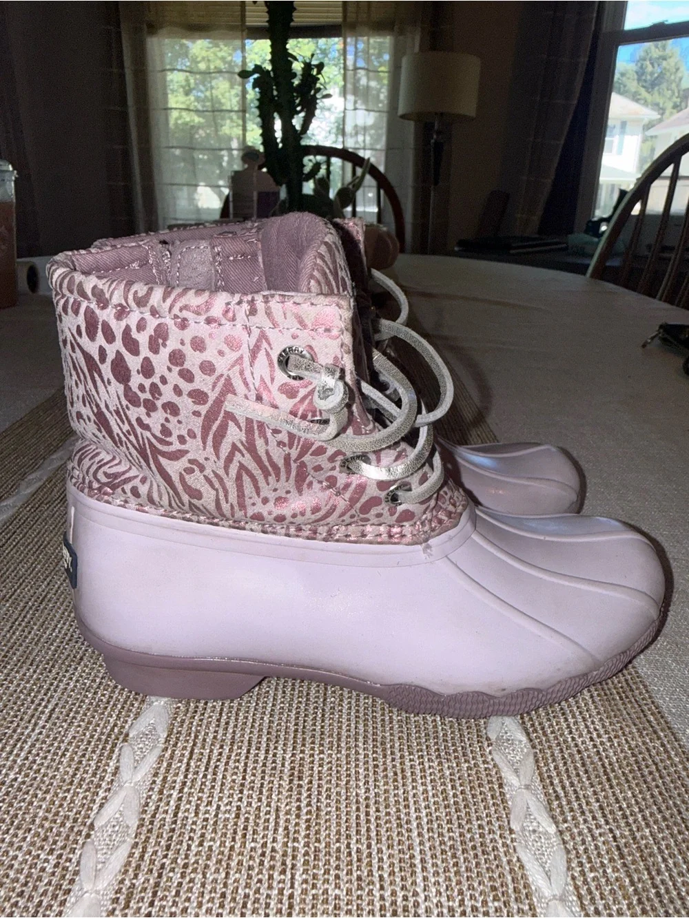 Sperry Pink/Purple Patterned Lace-Up Waterproof Duck Boots
